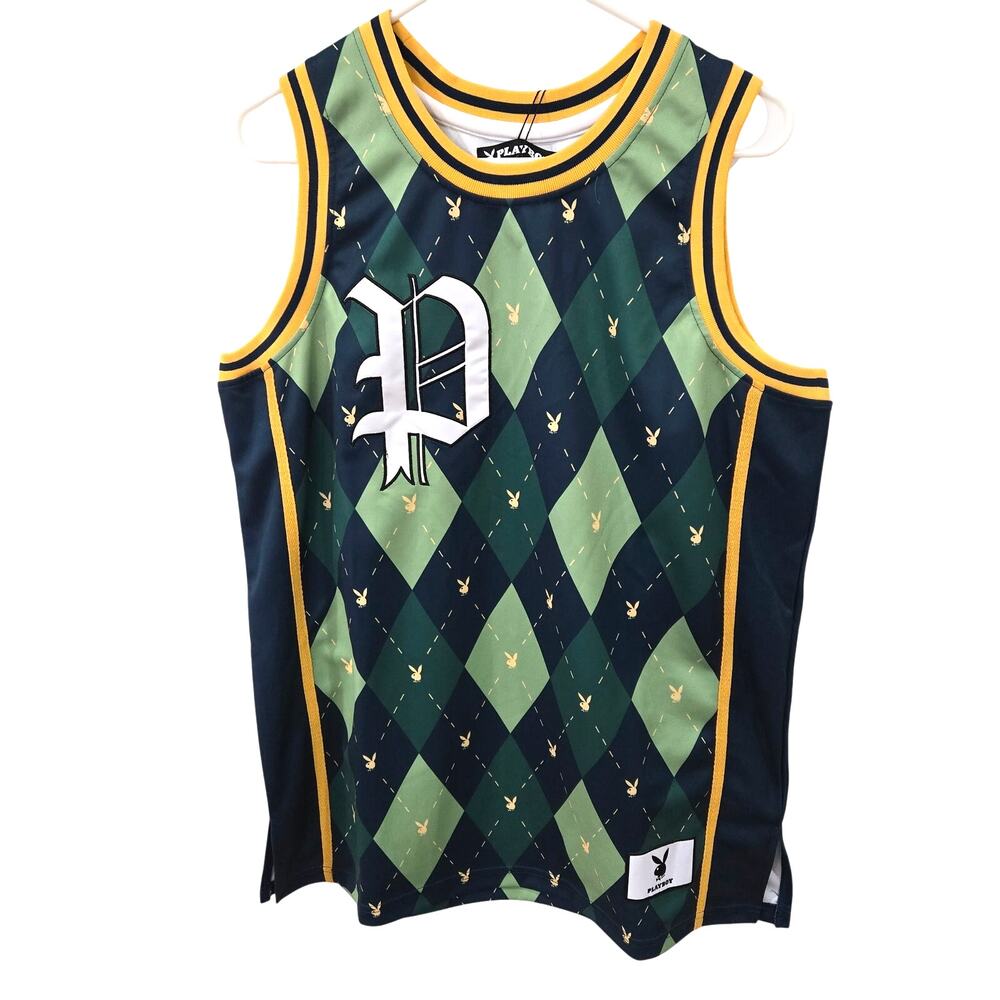 PlayBoy Sz Large Green Argyle Pattern Basketball Jersey